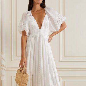 Anthropologie Joslin Women's White Julianna Pleated Broderie Cotton Maxi